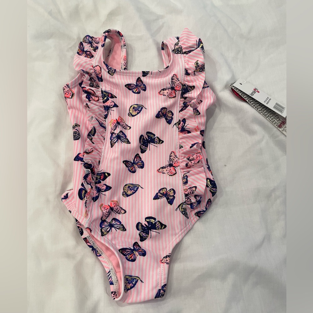NWT Kensie Infant Girl Butterfly Striped One-piece Swimsuit, 18 months